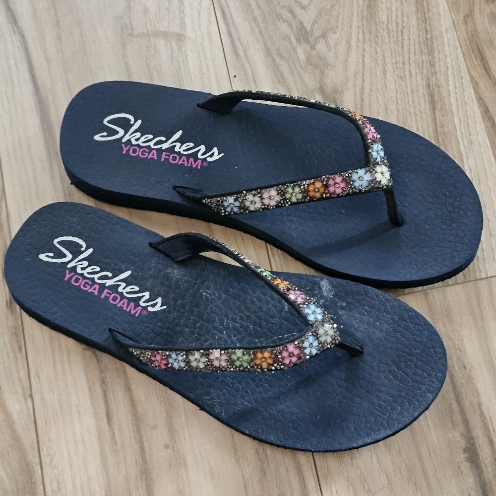 Skechers Black Floral Flip Flops Womens Size 9 - Picture 2 of 8